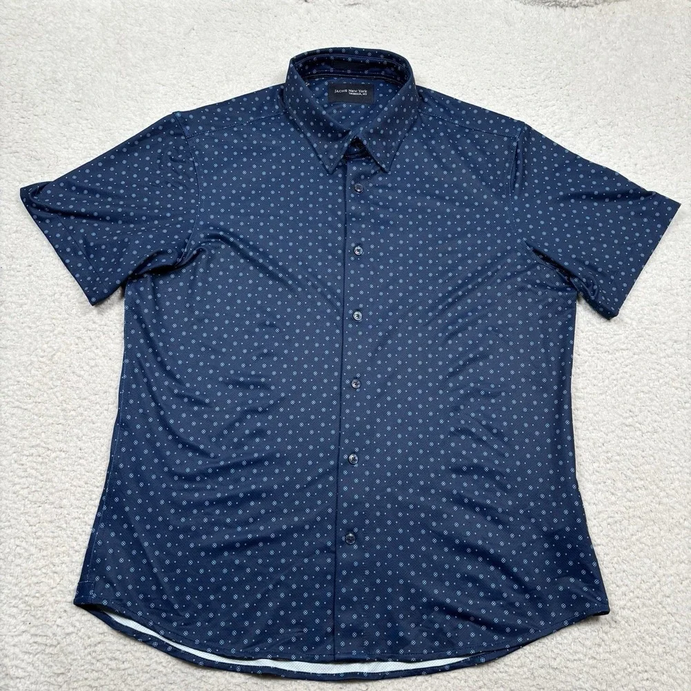 Jachs New York Button Shirt Mens L Blue Geometric Stretch Performance Short Slv